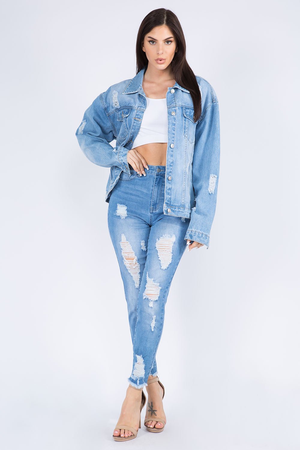 American Bazi Full Size Painted Back Distressed Denim Jacket - RebelReine Apparel & Co.Trendsi