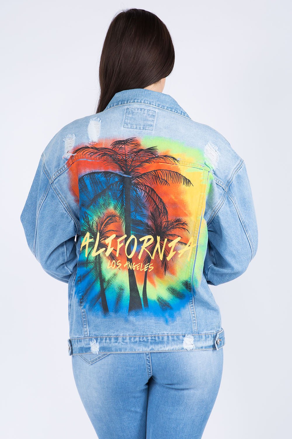 American Bazi Full Size Painted Back Distressed Denim Jacket - RebelReine Apparel & Co.Trendsi