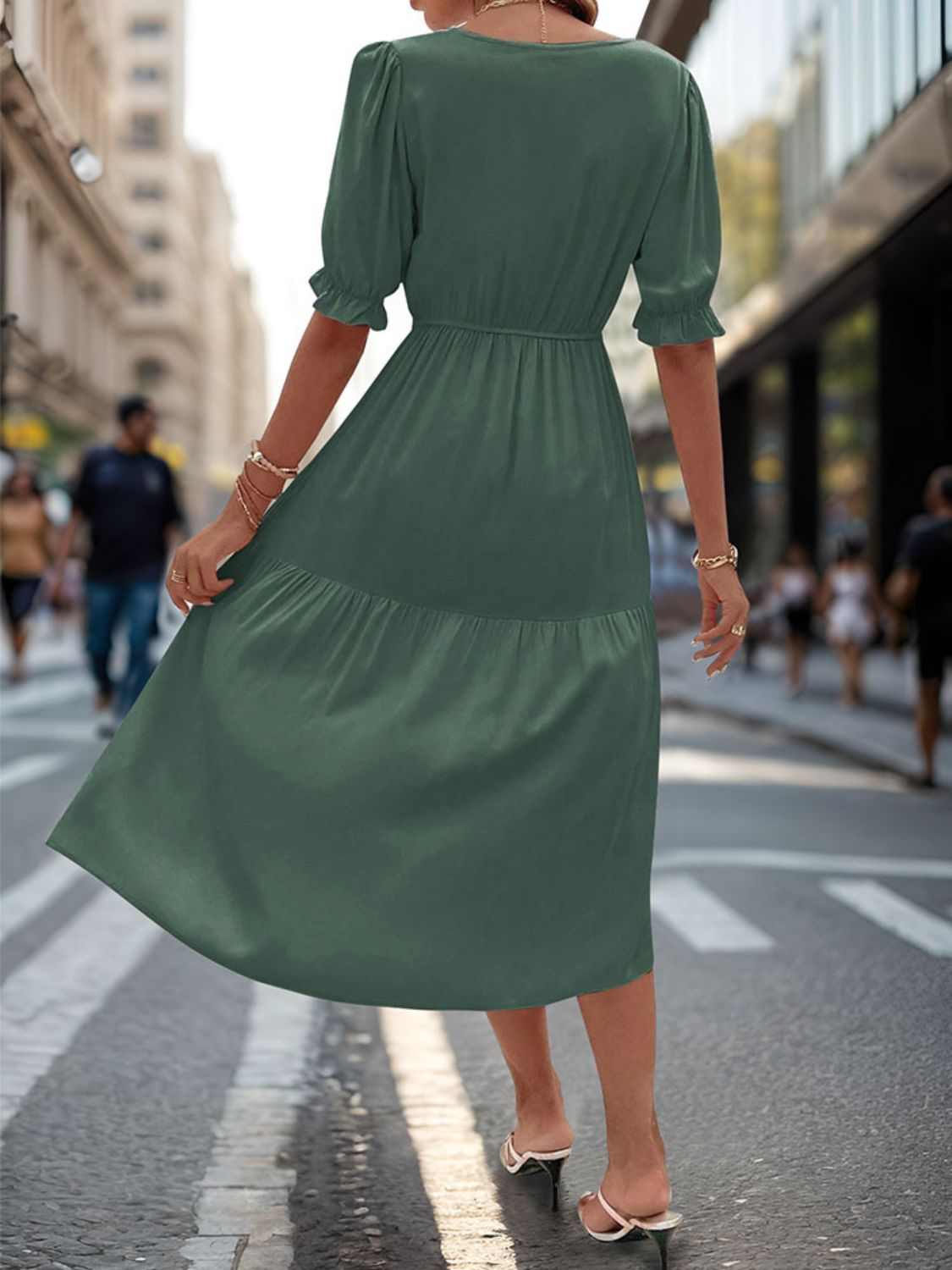 Ruched V-Neck Half Sleeve Midi Dress - RebelReine Apparel & Co.