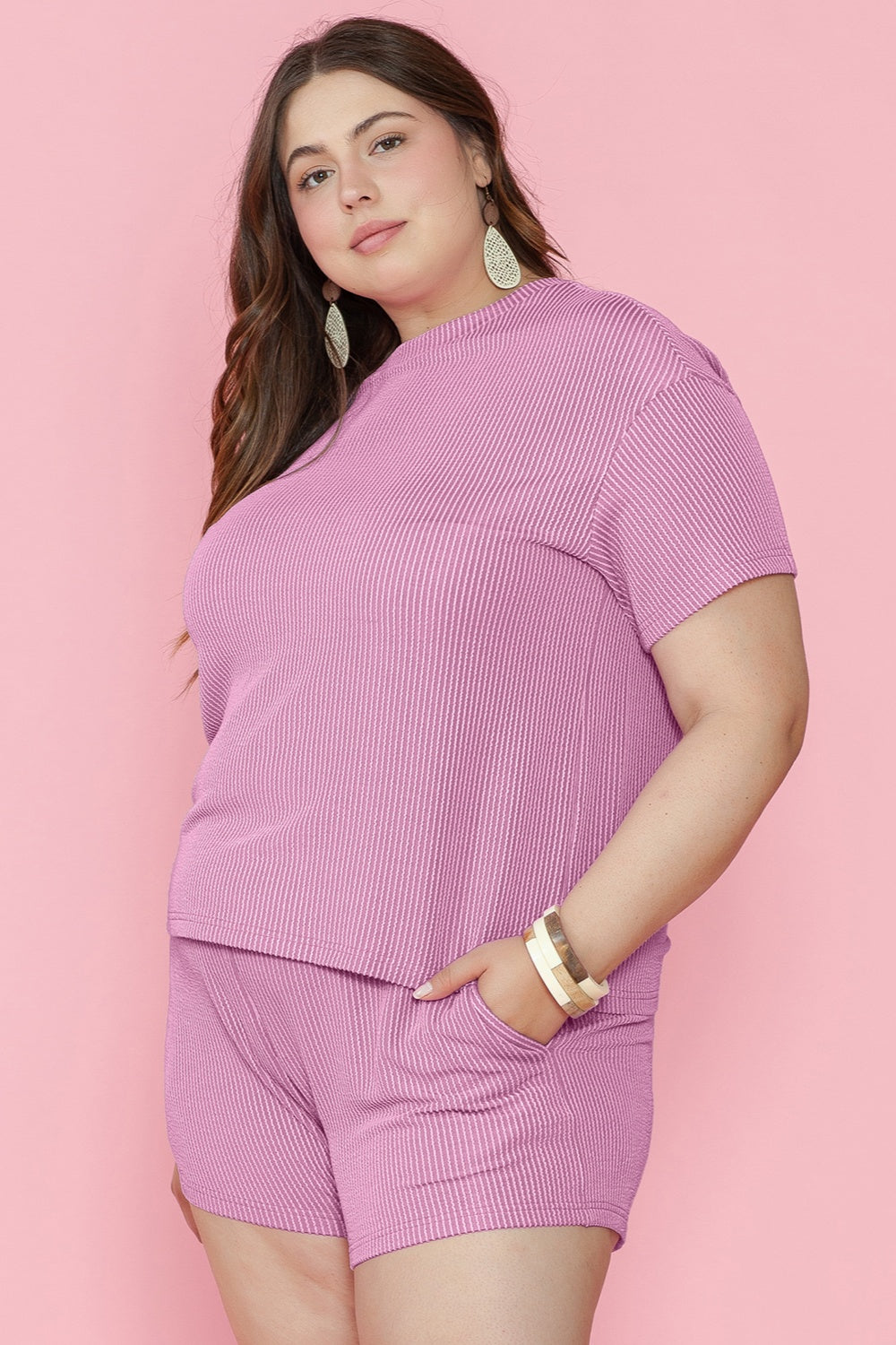 Plus Size Round Neck Short Sleeve Top and Shorts Set - RebelReine Apparel & Co.