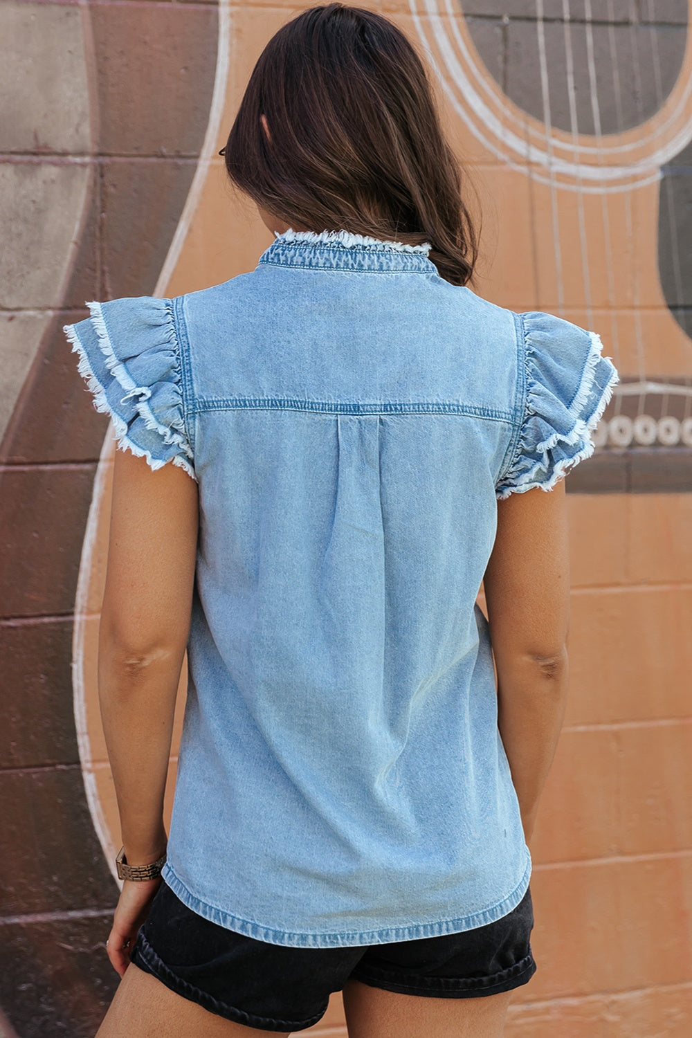 Raw Hem Button Up Cap Sleeve Denim Top - RebelReine Apparel & Co.