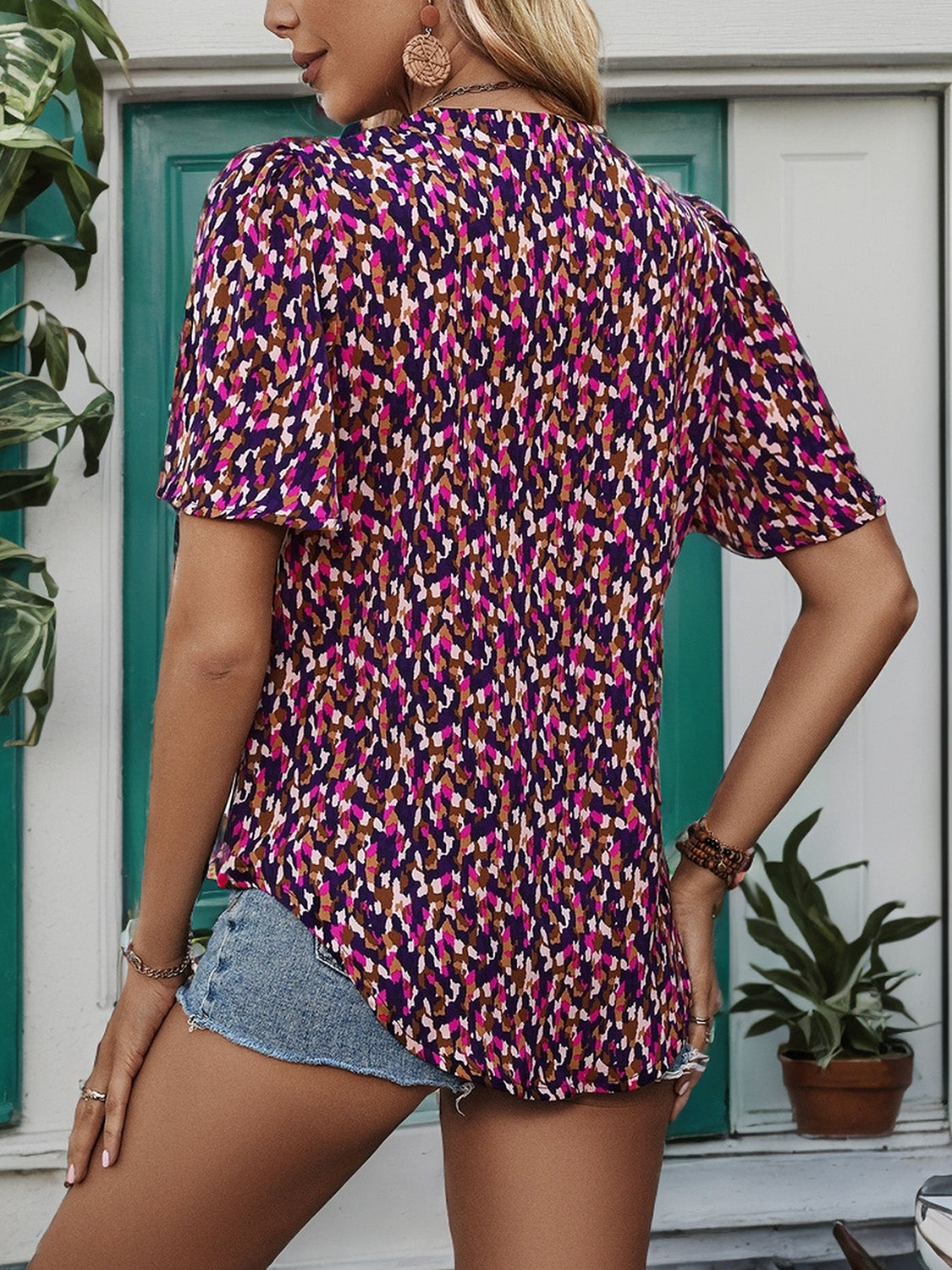 Printed Notched Flutter Sleeve Blouse - RebelReine Apparel & Co.