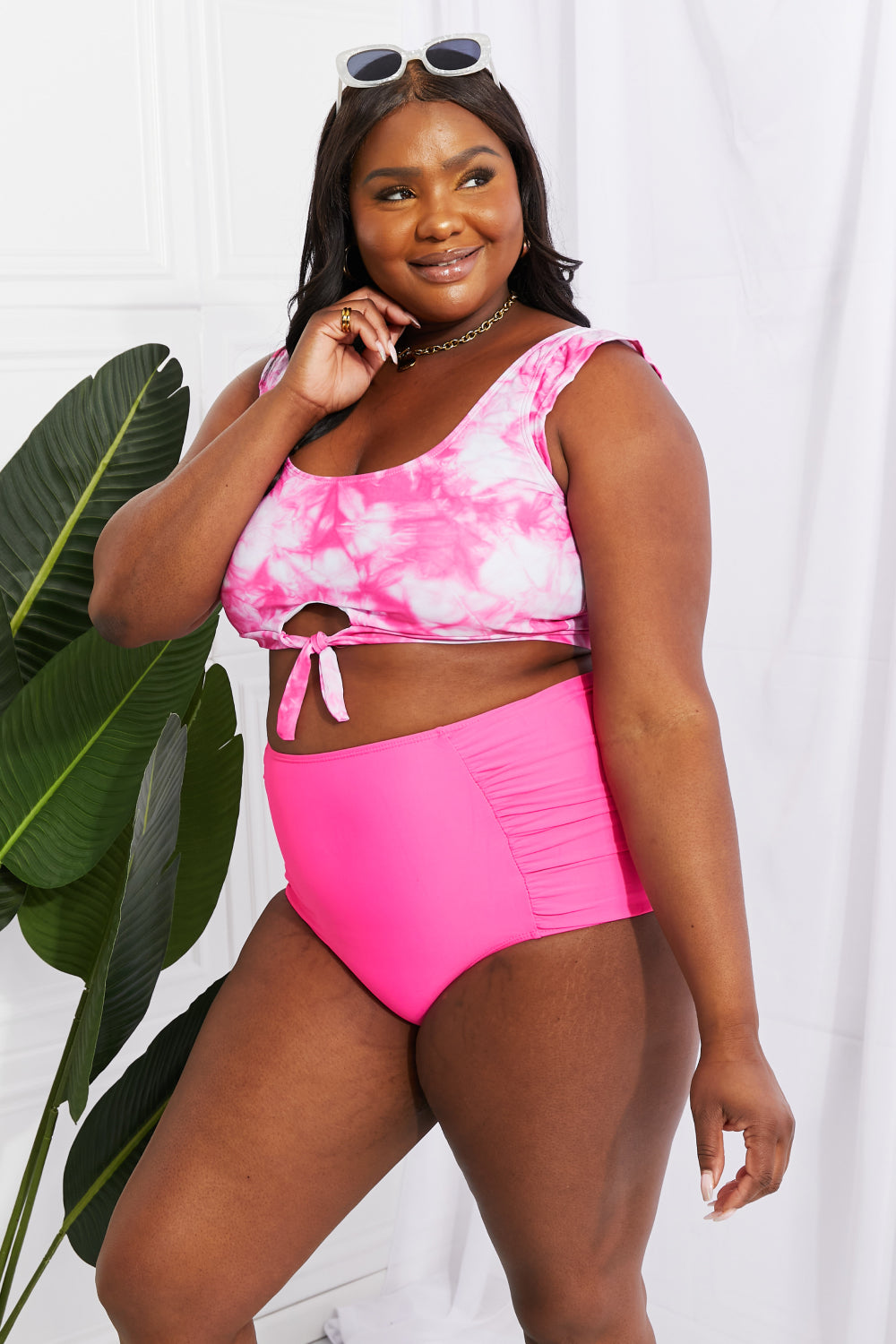 Marina West Swim Sanibel Crop Swim Top and Ruched Bottoms Set in Pink - RebelReine Apparel & Co.