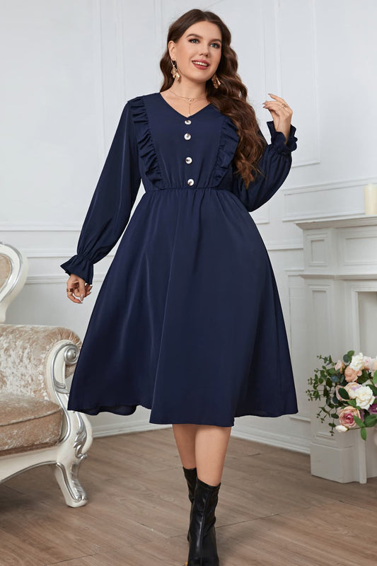 Melo Apparel Plus Size V-Neck Buttoned Flounce Sleeve Dress - RebelReine Apparel & Co.