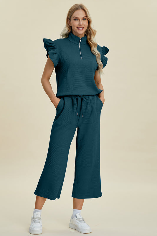 Double Take Full Size Texture Ruffle Short Sleeve Top and Wide Leg Pants Set - RebelReine Apparel & Co.