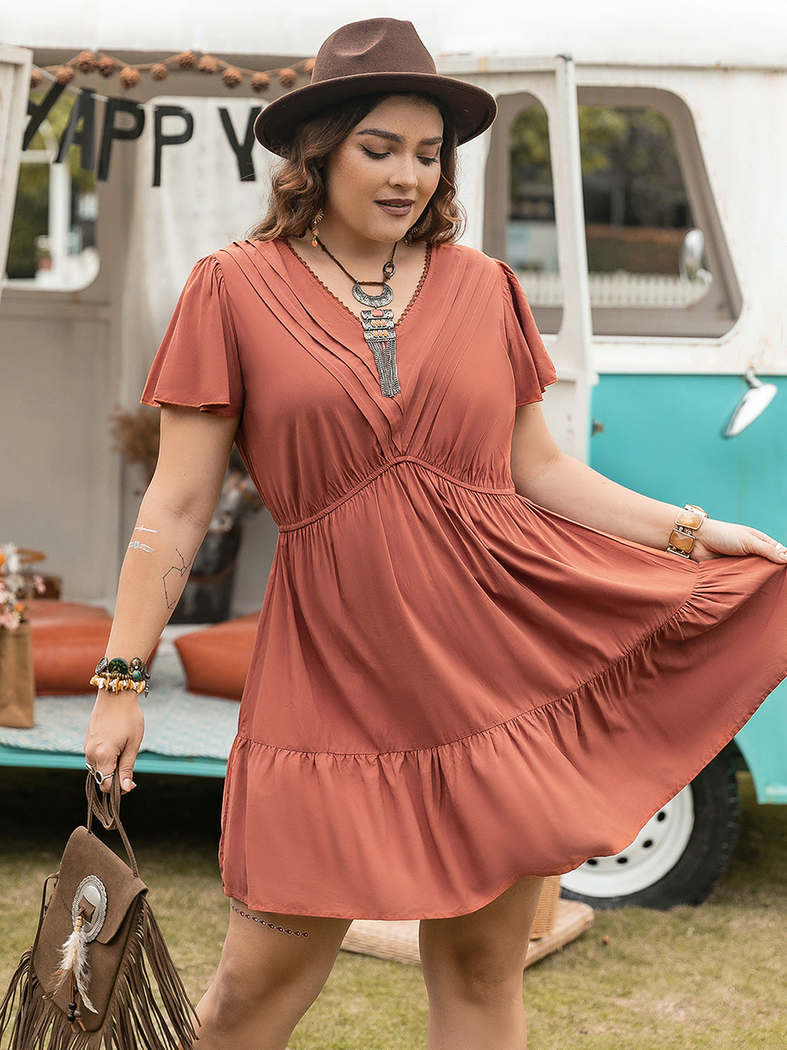 Plus Size Ruffle Hem V-Neck Short Sleeve Dress - RebelReine Apparel & Co.