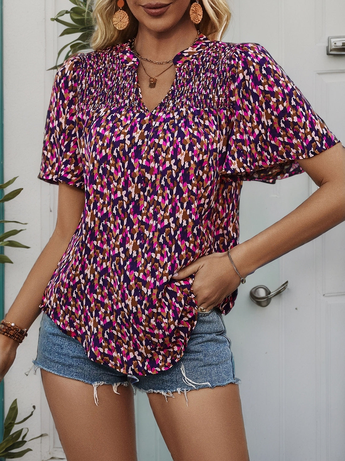 Printed Notched Flutter Sleeve Blouse - RebelReine Apparel & Co.