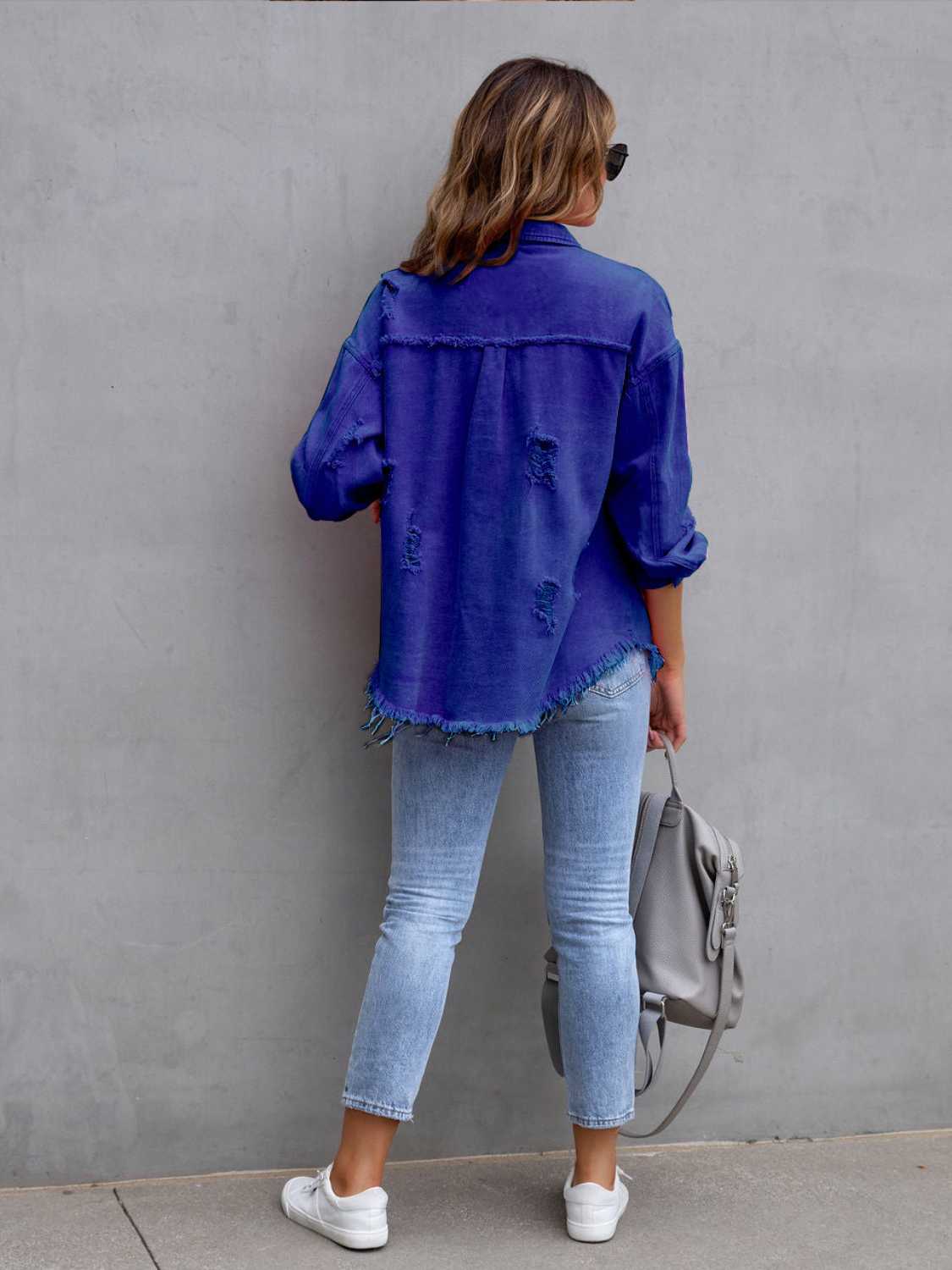 Distressed Drop Shoulder Denim Jacket - RebelReine Apparel & Co.