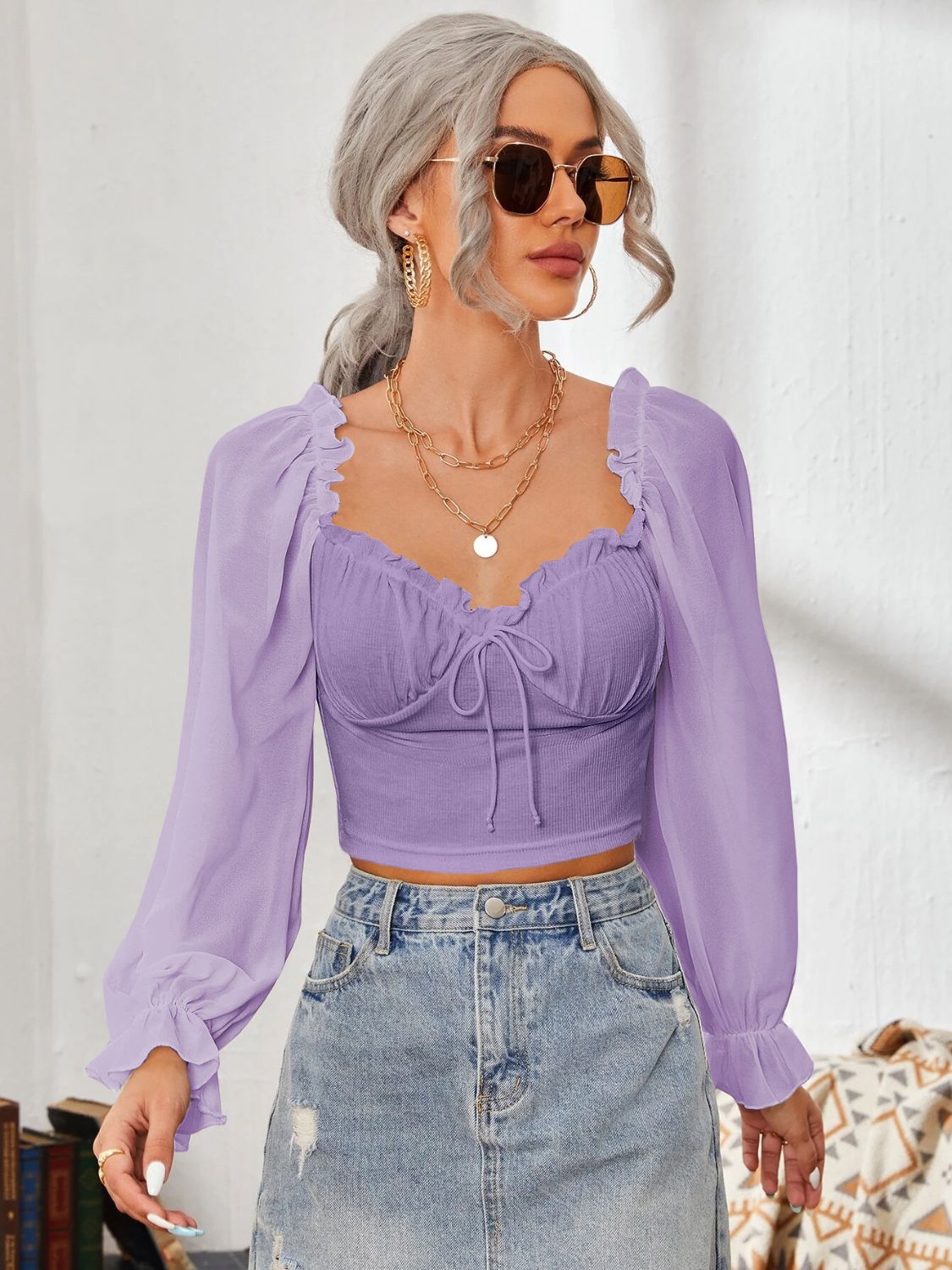 Mesh Sweetheart Neck Flounce Sleeve Top - RebelReine Apparel & Co.