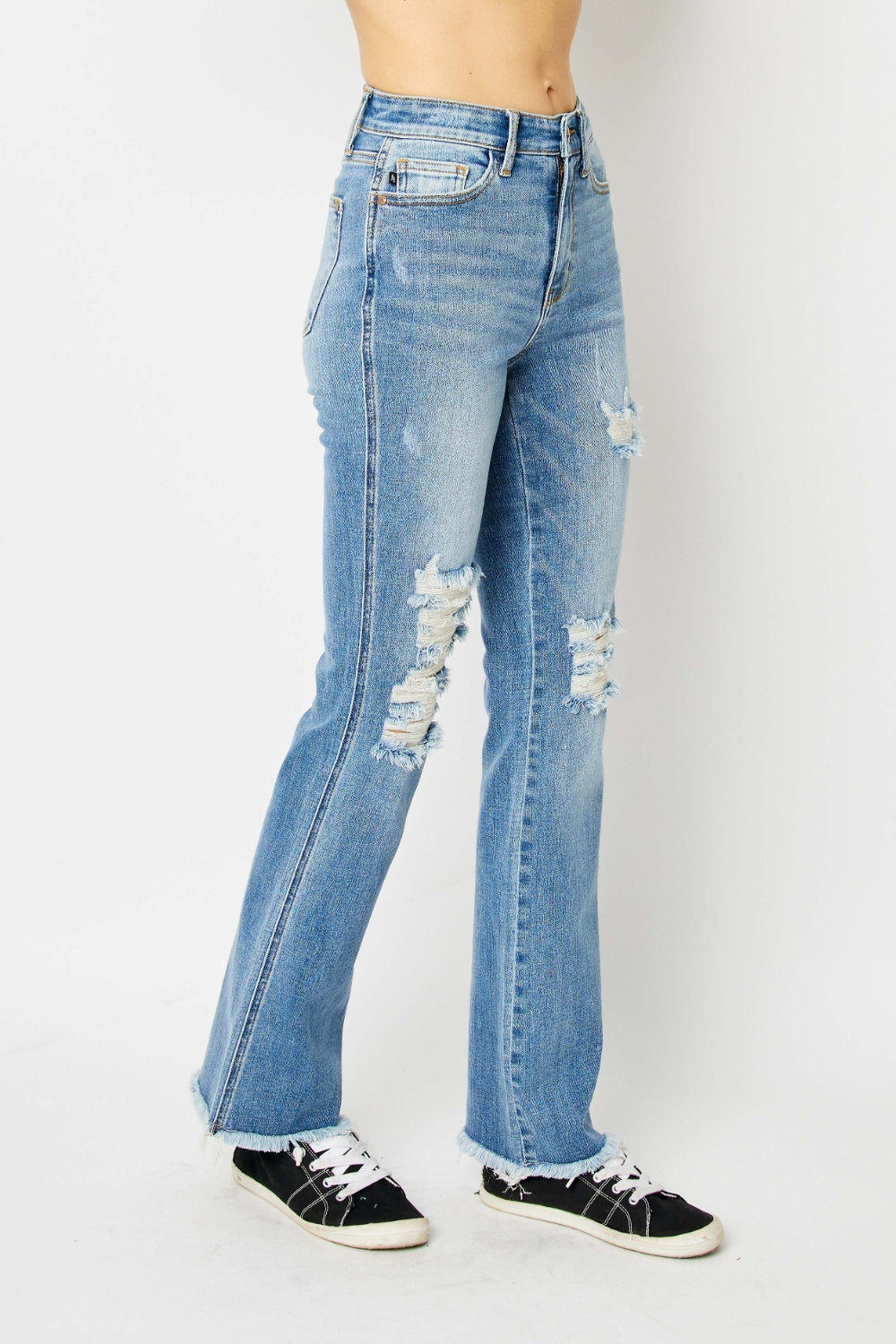 Judy Blue Full Size Distressed Raw Hem Bootcut Jeans - RebelReine Apparel & Co.