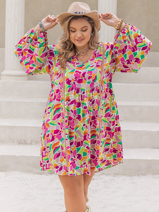 Plus Size Printed V-Neck Balloon Sleeve Mini Dress - RebelReine Apparel & Co.