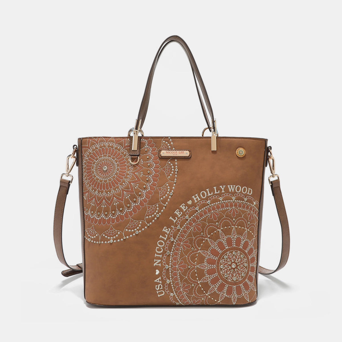 Nicole Lee USA Metallic Stitching Embroidery Inlaid Rhinestone Tote Bag - RebelReine Apparel & Co.