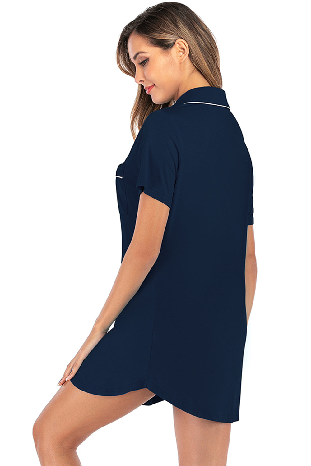 Contrast Piping Pocketed Short Sleeve Lounge Dress - RebelReine Apparel & Co.