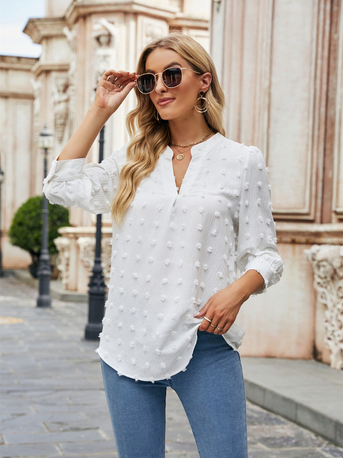 Swiss Dot Notched Neck Blouse - RebelReine Apparel & Co.