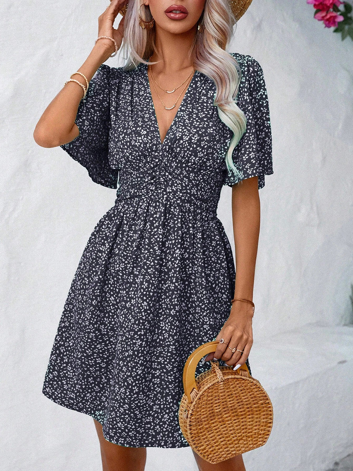 Printed V-Neck Half Sleeve Mini Dress - RebelReine Apparel & Co.