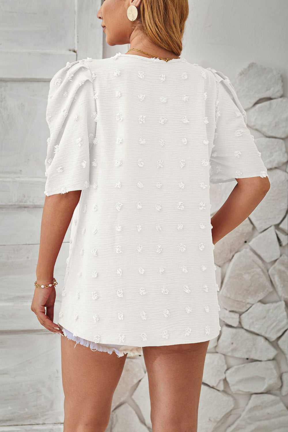 Swiss Dot Round Neck Short Sleeve Blouse - RebelReine Apparel & Co.