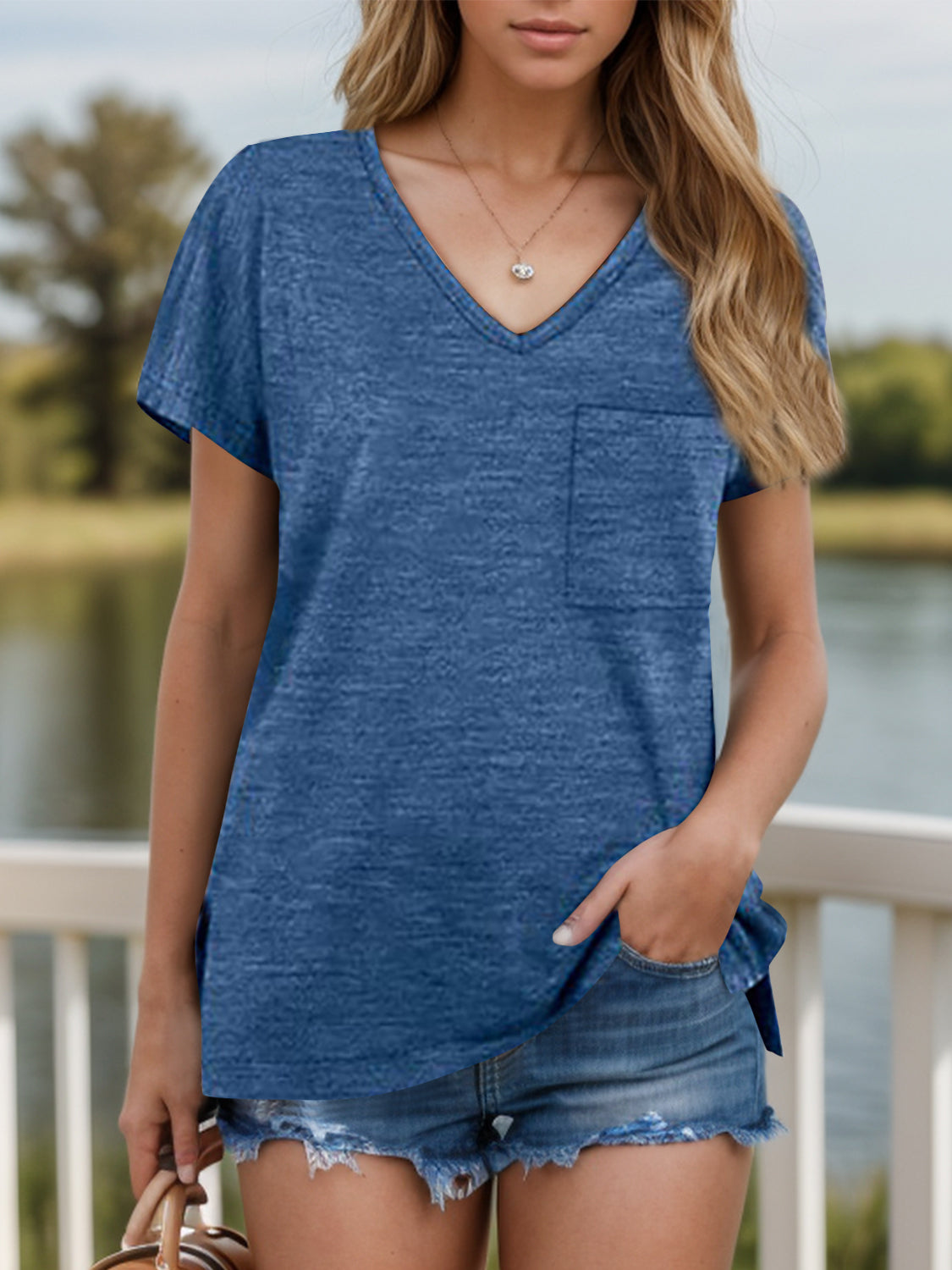 Pocketed Heathered V-Neck Short Sleeve T-Shirt - RebelReine Apparel & Co.