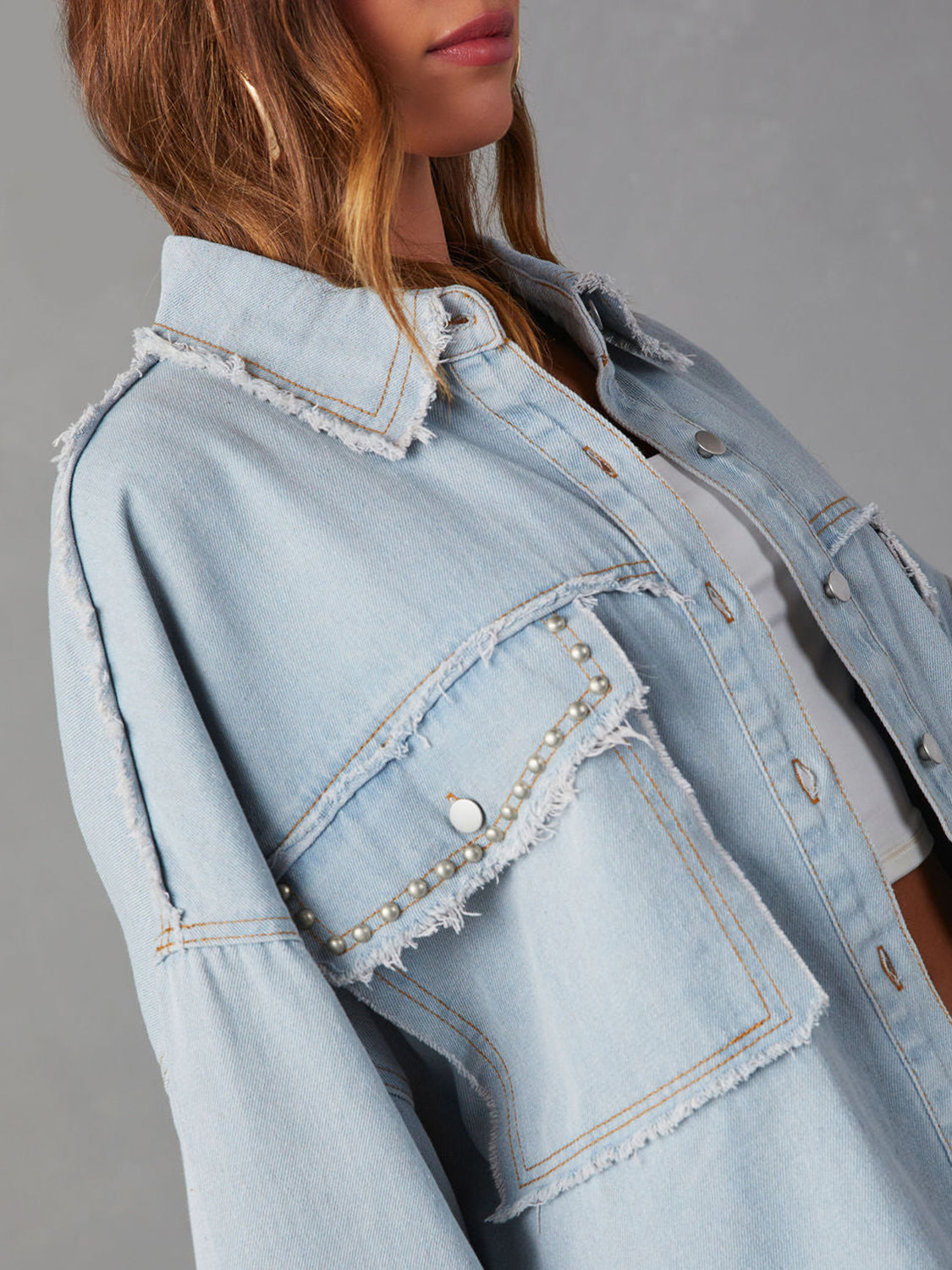 Button Down Raw Hem Denim Jacket - RebelReine Apparel & Co.