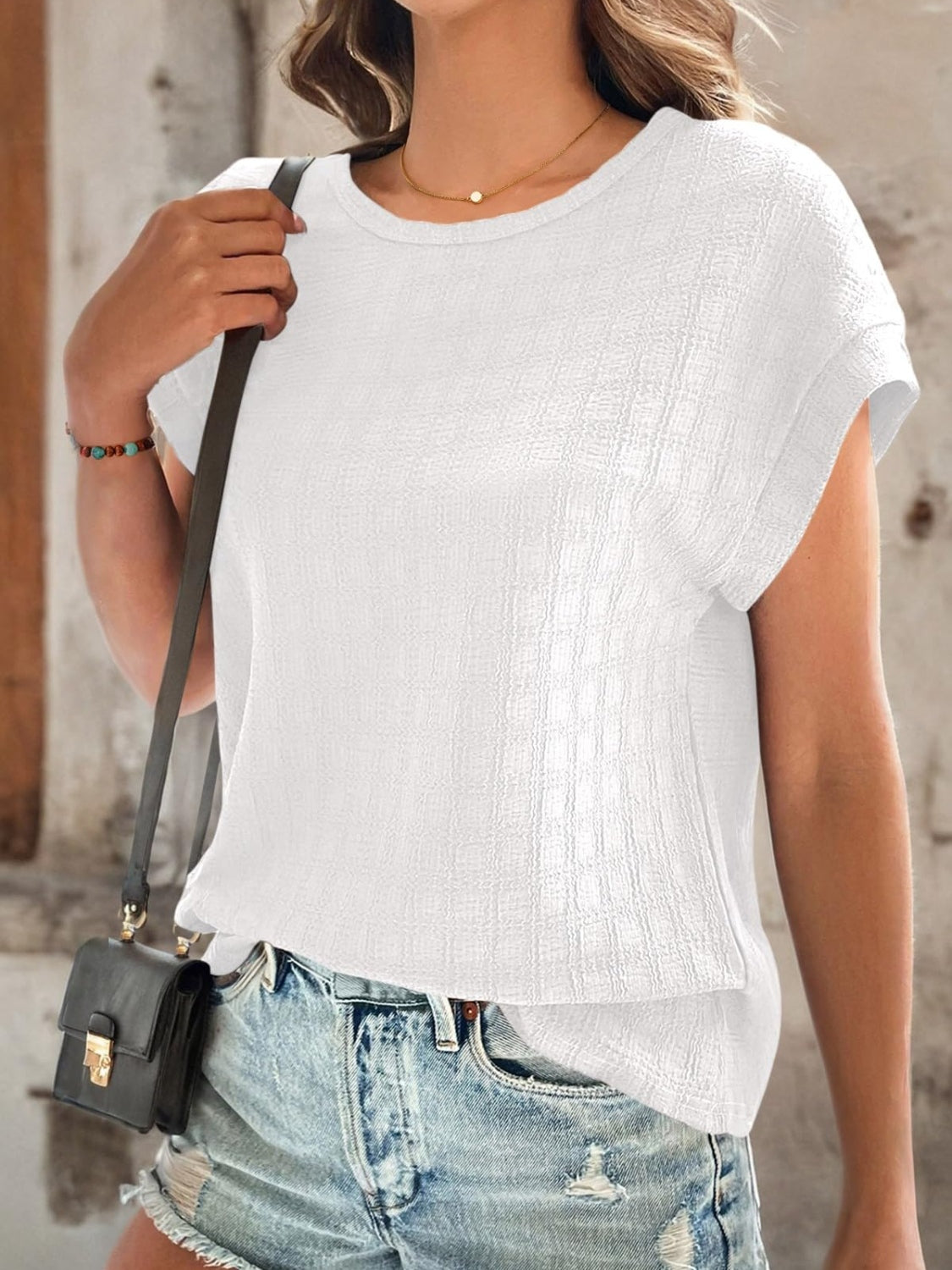 Textured Round Neck Short Sleeve Top - RebelReine Apparel & Co.