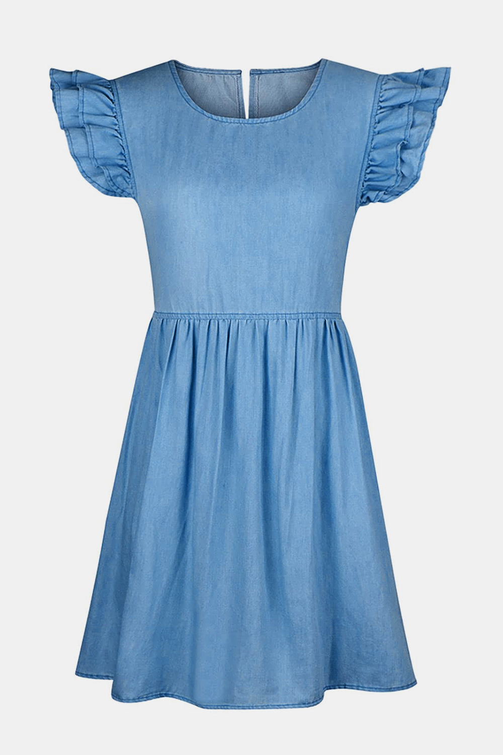 Full Size Ruffled Round Neck Cap Sleeve Denim Dress - RebelReine Apparel & Co.