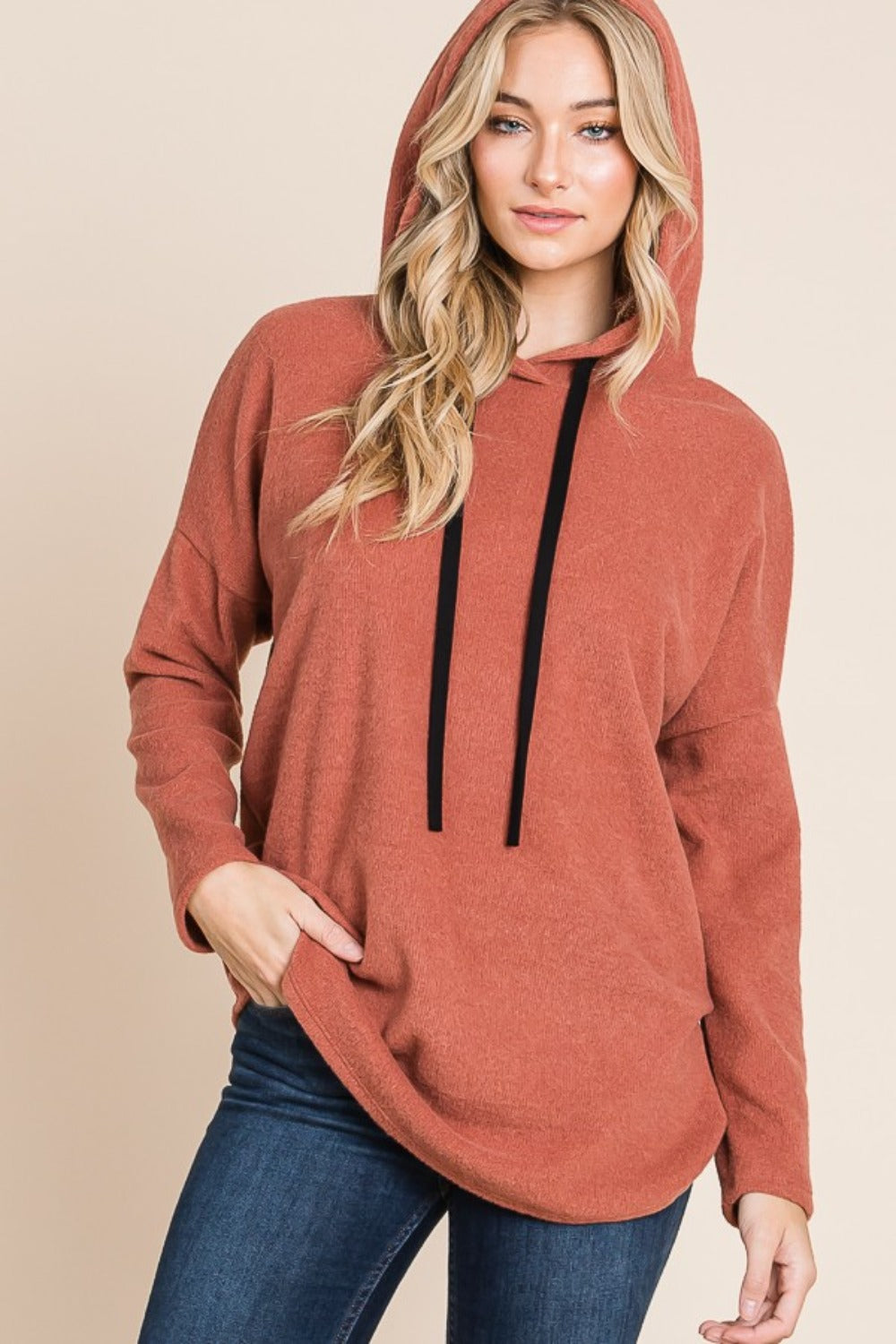 BOMBOM Contrast Drawstring Drop Shoulder Knit Hoodie