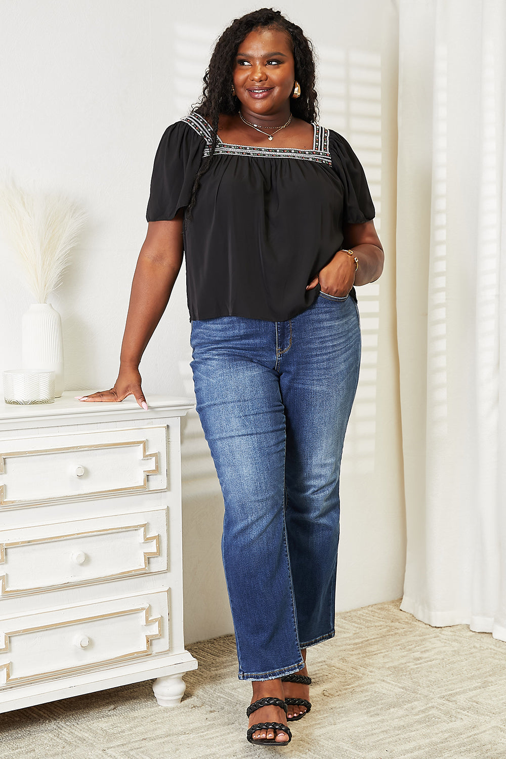 Contrast Square Neck Puff Sleeve Blouse - RebelReine Apparel & Co.