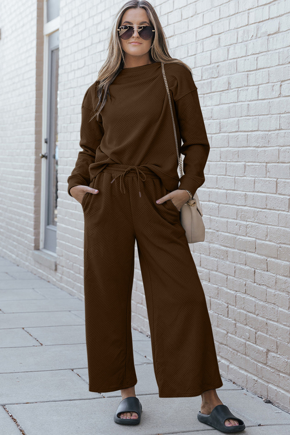 Double Take Full Size Textured Long Sleeve Top and Drawstring Pants Set - RebelReine Apparel & Co.