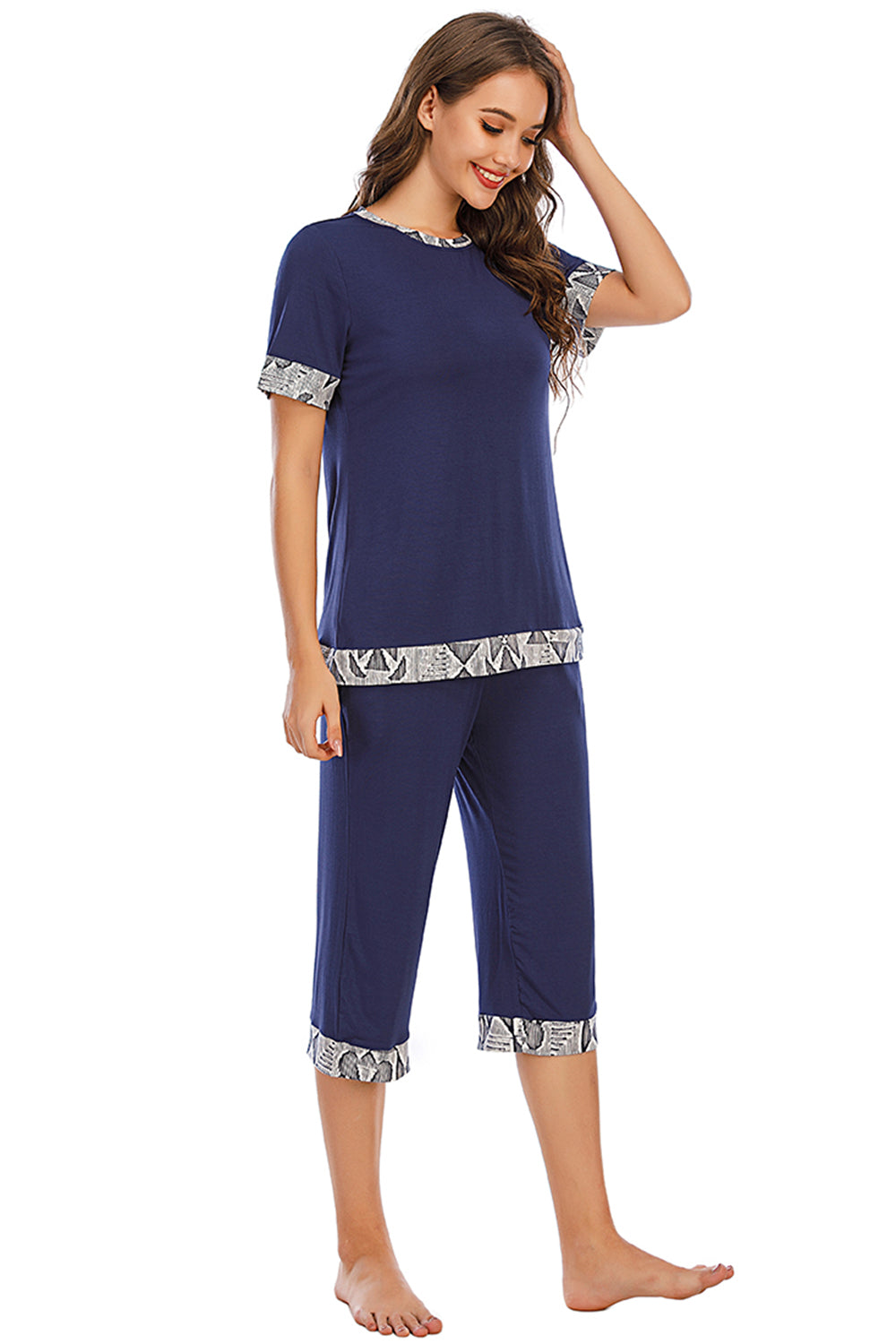 Round Neck Short Sleeve Top and Capris Pants Lounge Set - RebelReine Apparel & Co.