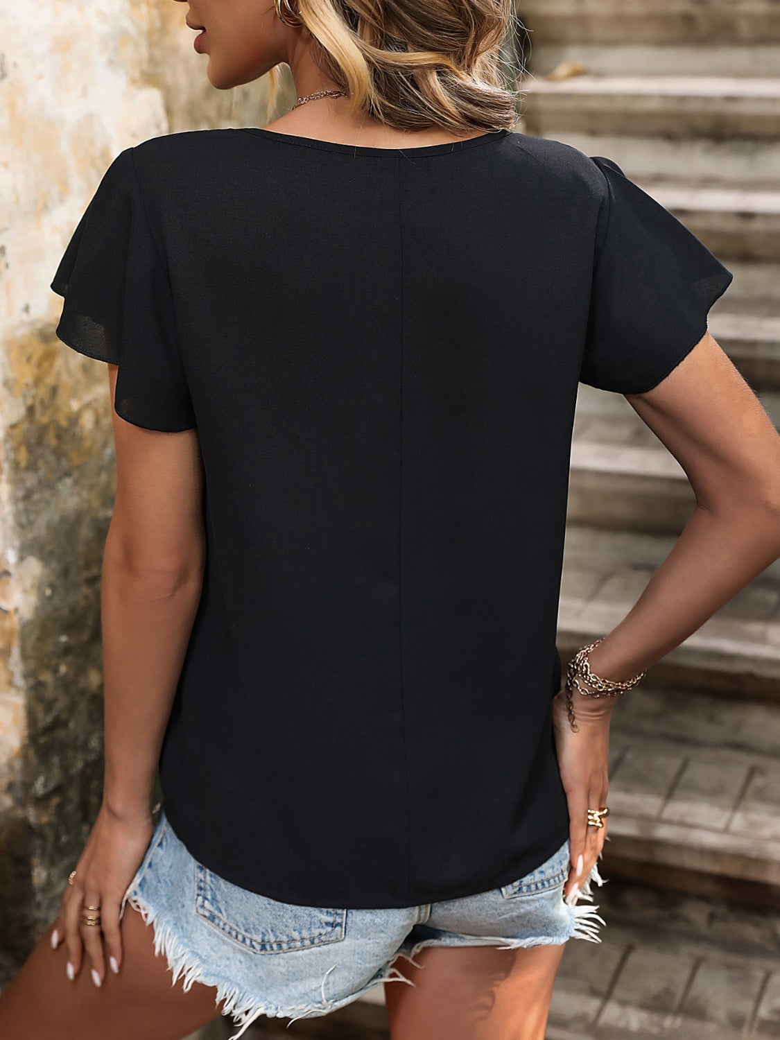 Decorative Button Round Neck Short Sleeve Blouse - RebelReine Apparel & Co.