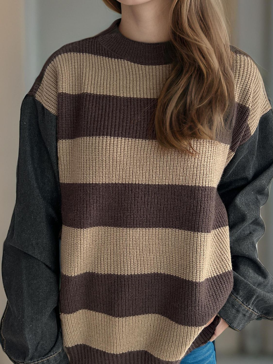 Contrast Round Neck Long Sleeve Sweater