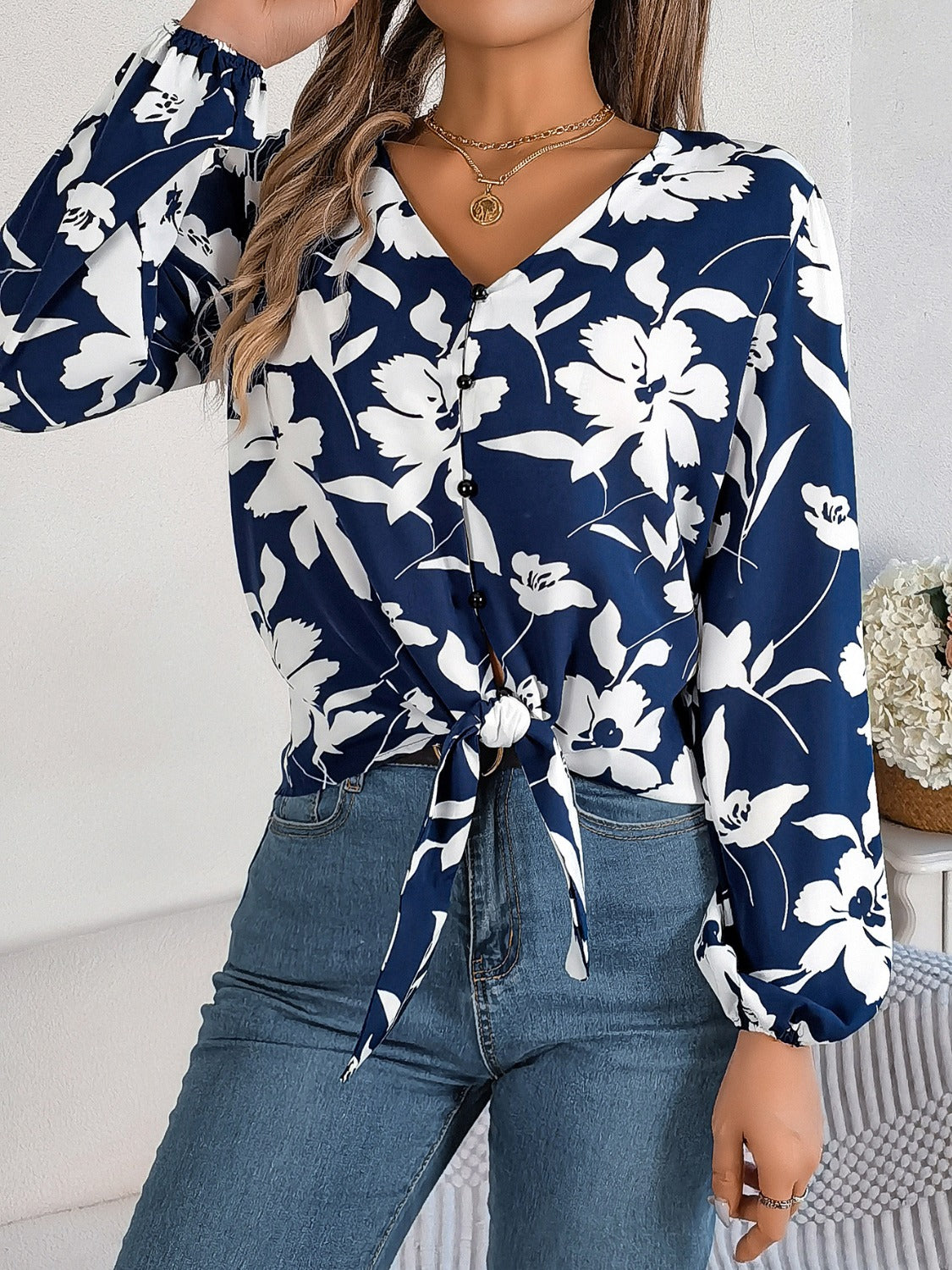 Printed V-Neck Long Sleeve Blouse - RebelReine Apparel & Co.