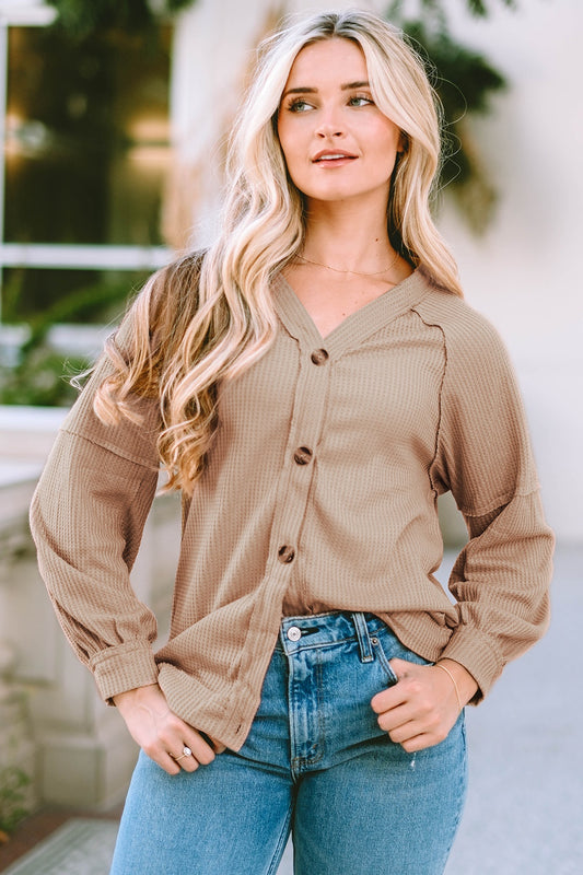 Button Down V-Neck Waffle Knit Shirt - RebelReine Apparel & Co.