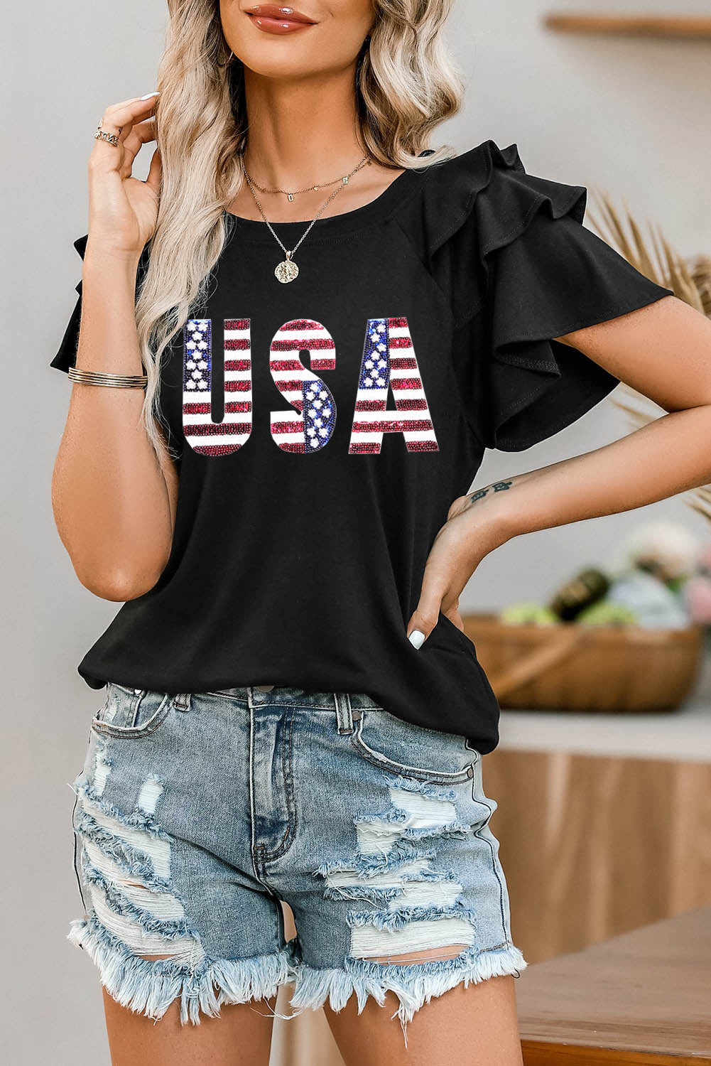 USA Round Neck Flounce Sleeve Top - RebelReine Apparel & Co.