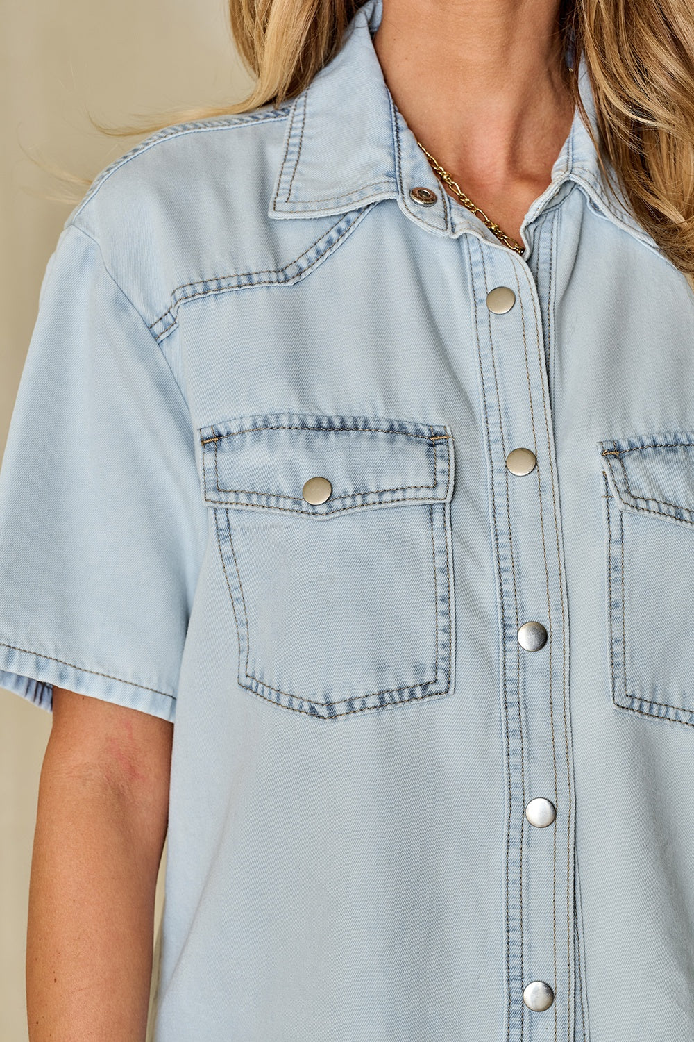 Slit Snap Down Short Sleeve Denim Top - RebelReine Apparel & Co.