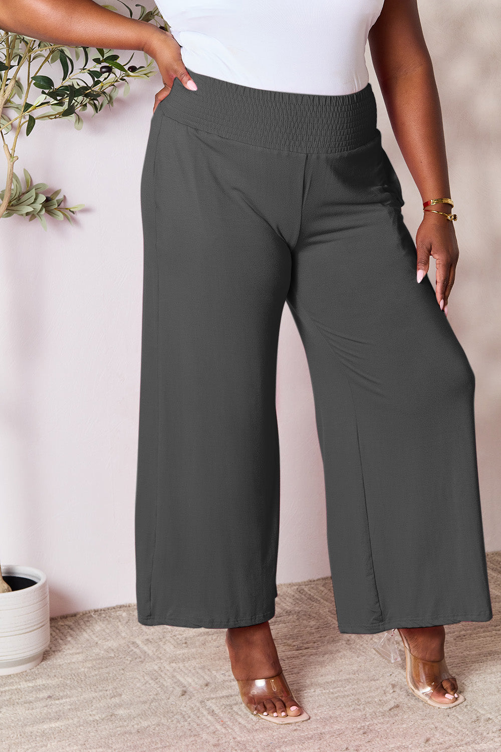 Double Take Full Size Smocked Wide Waistband Wide Leg Pants - RebelReine Apparel & Co.