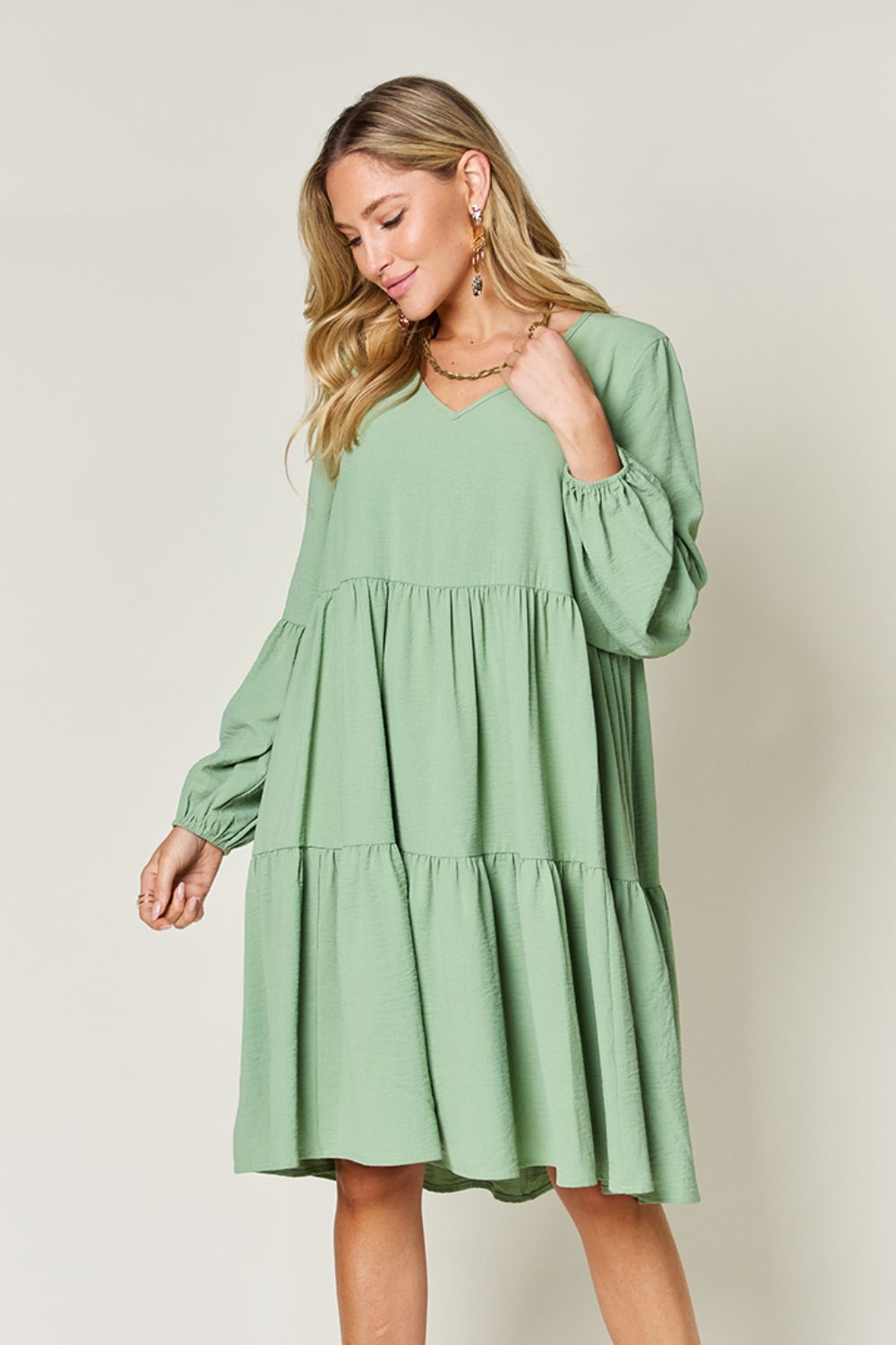 Double Take Full Size V-Neck Balloon Sleeve Tiered Dress - RebelReine Apparel & Co.