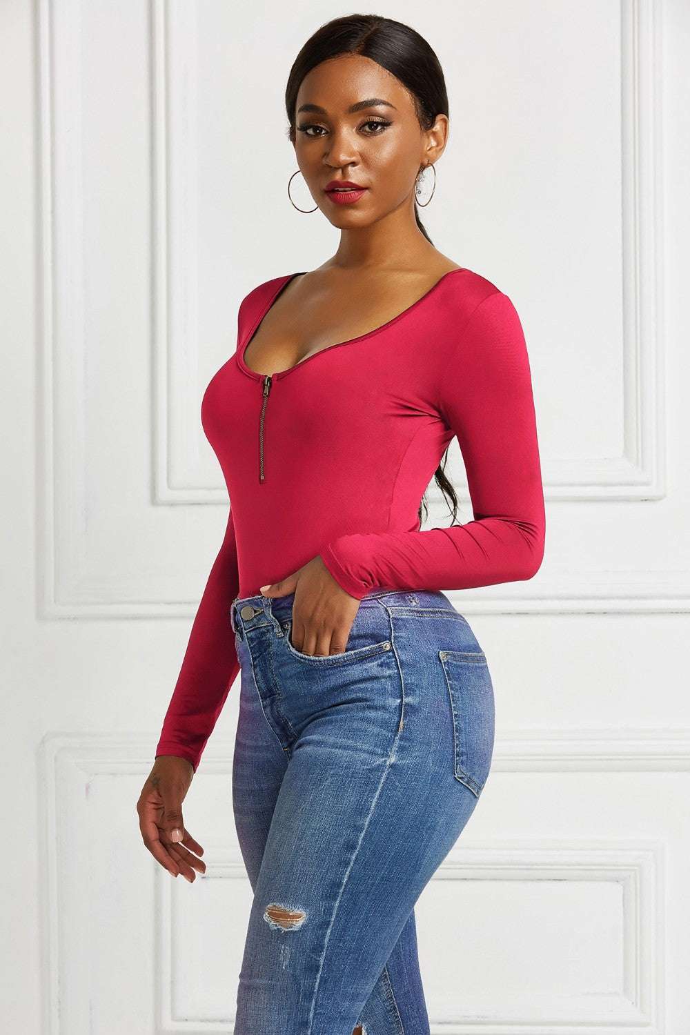 Half Zip Scoop Neck Long Sleeve Bodysuit Trendsi