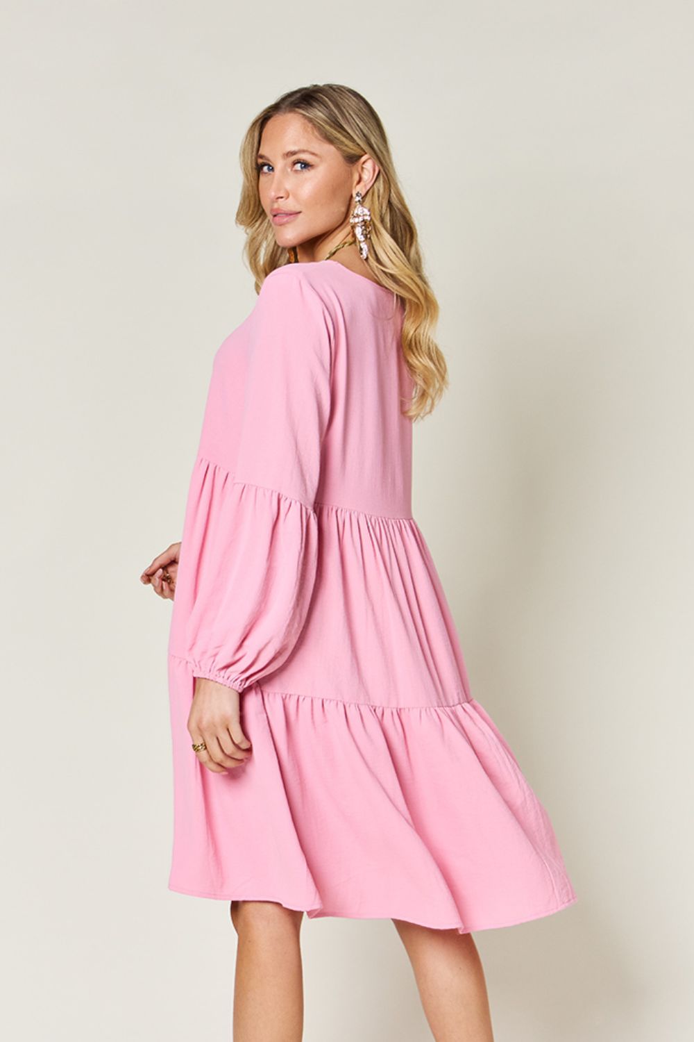 Double Take Full Size V-Neck Balloon Sleeve Tiered Dress - RebelReine Apparel & Co.