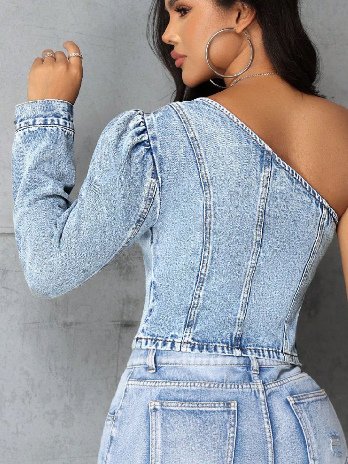 One Shoulder Long Sleeve Denim Top - RebelReine Apparel & Co.