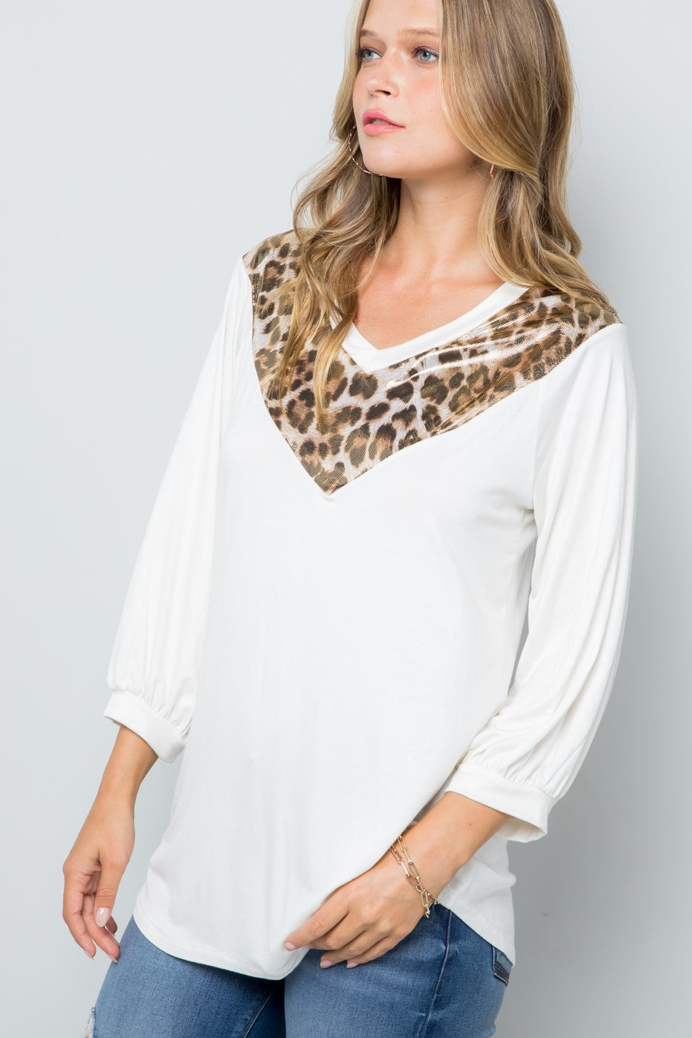 Celeste Full Size Leopard Contrast Balloon Sleeve Top