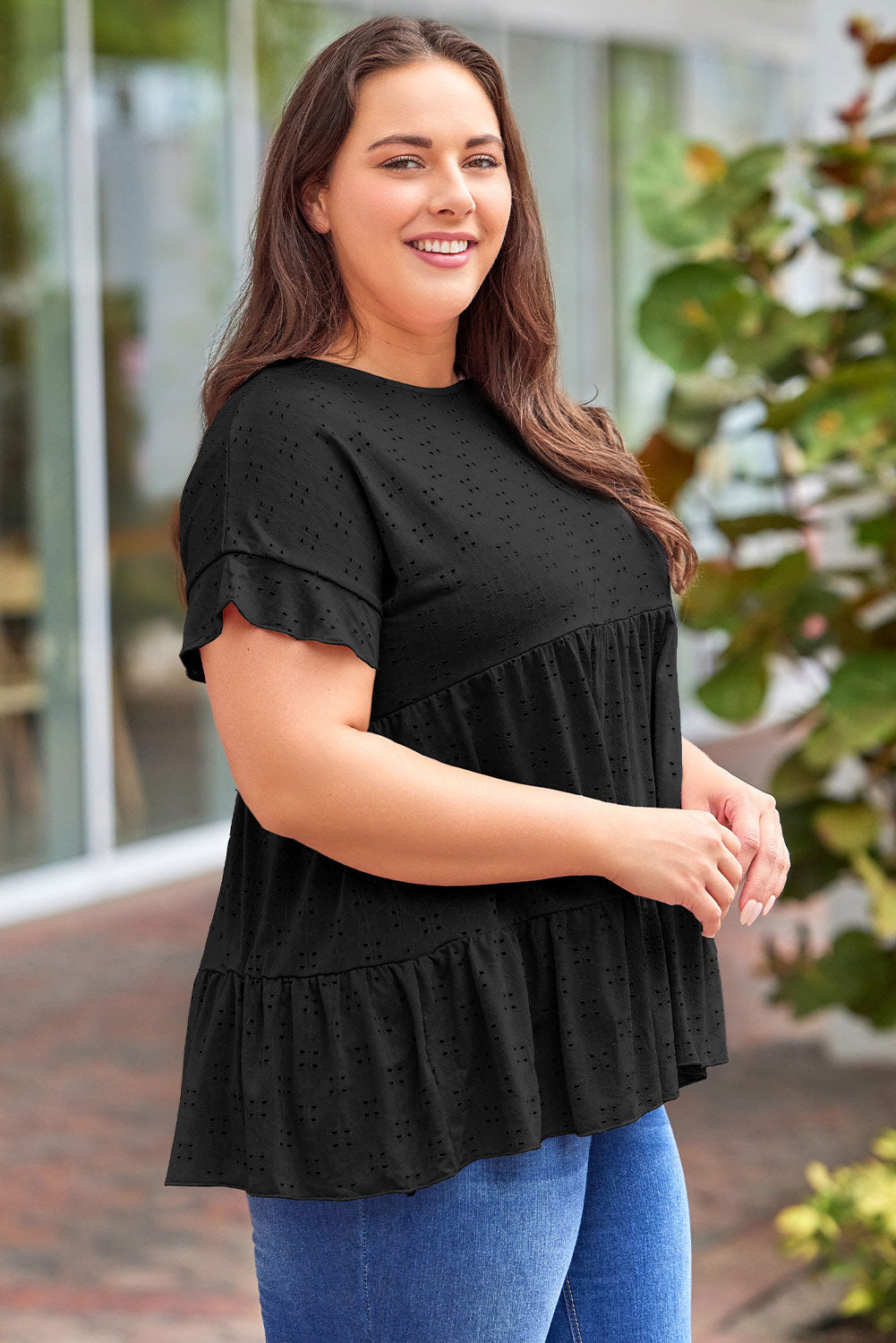 Plus Size Eyelet Round Neck Short Sleeve Blouse - RebelReine Apparel & Co.