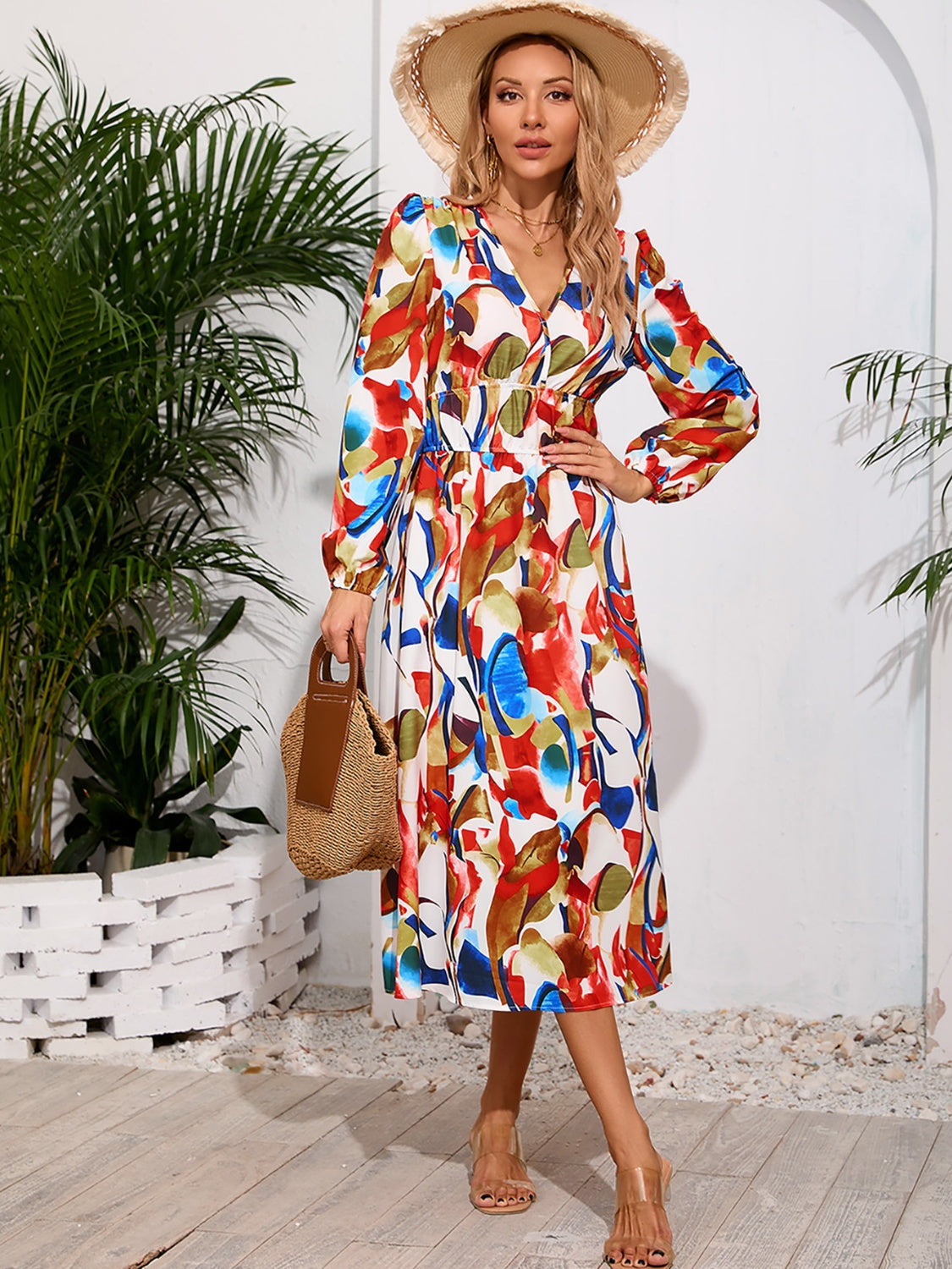 Printed Surplice Long Sleeve Midi Dress - RebelReine Apparel & Co.