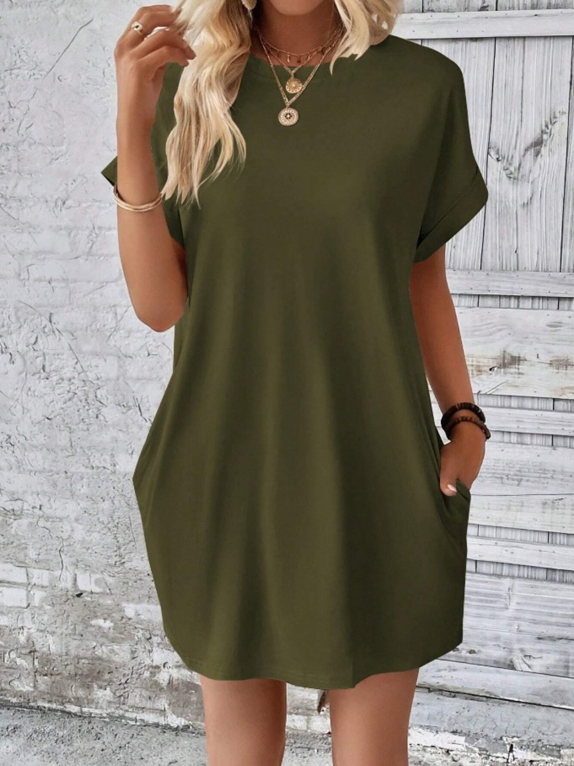 Pocketed Round Neck Short Sleeve Dress - RebelReine Apparel & Co.