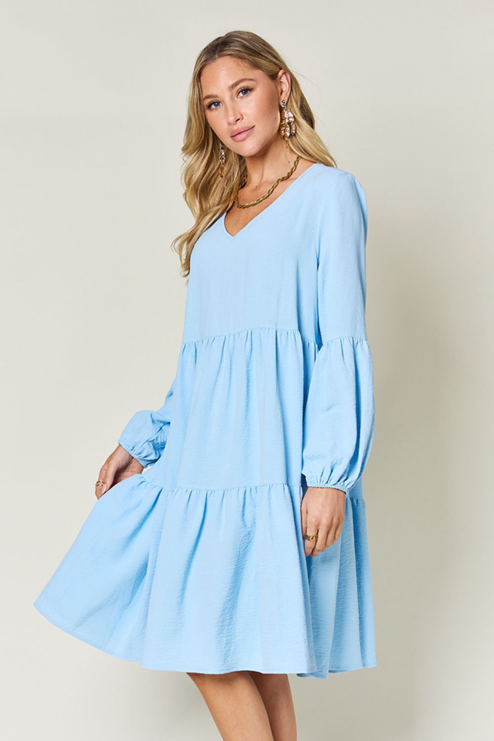 Double Take Full Size V-Neck Balloon Sleeve Tiered Dress - RebelReine Apparel & Co.