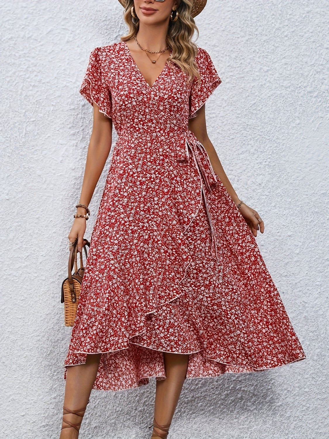 Printed Surplice Flutter Sleeve Midi Dress - RebelReine Apparel & Co.