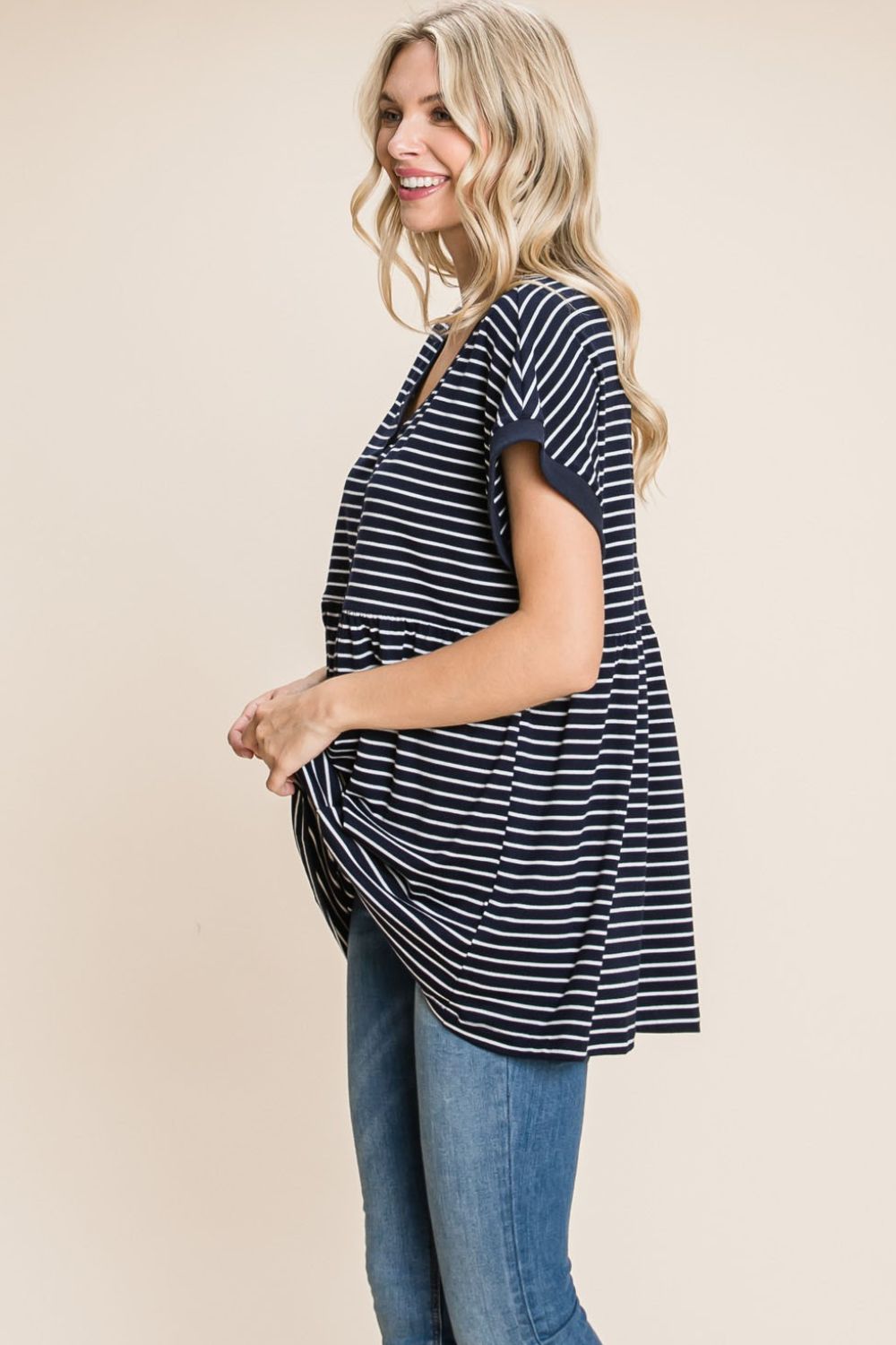 Cotton Bleu by Nu Label Striped Button Front Baby Doll Top - RebelReine Apparel & Co.