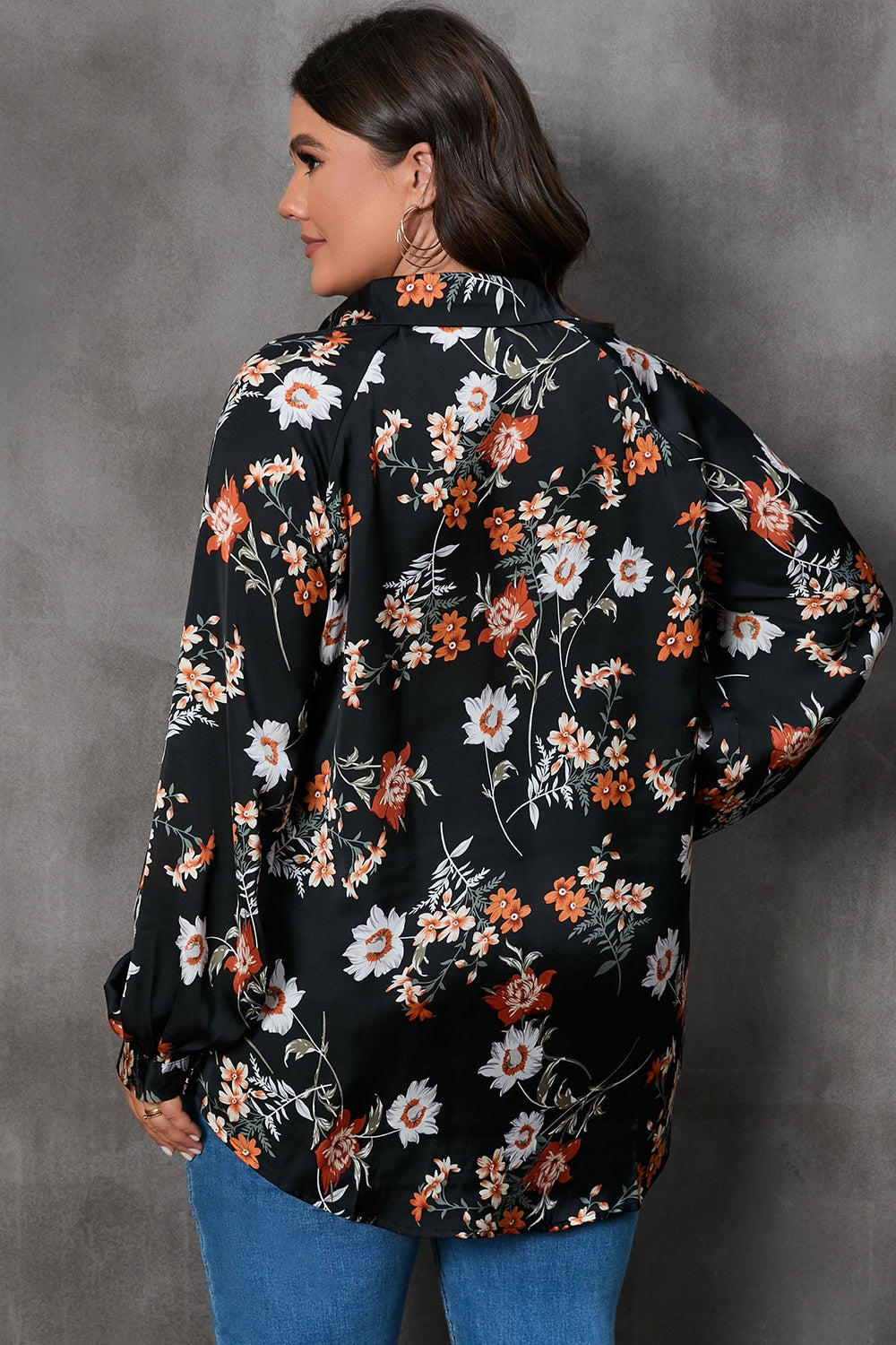 Plus Size Printed Johnny Collar Long Sleeve Blouse - RebelReine Apparel & Co.