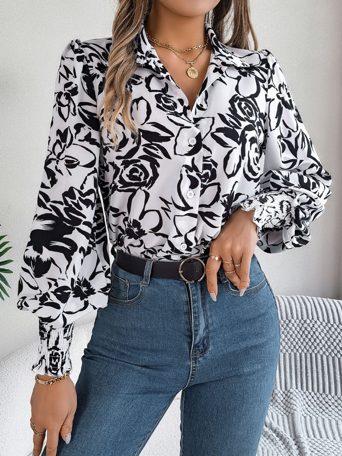 Printed Collared Neck Lantern Sleeve Shirt - RebelReine Apparel & Co.