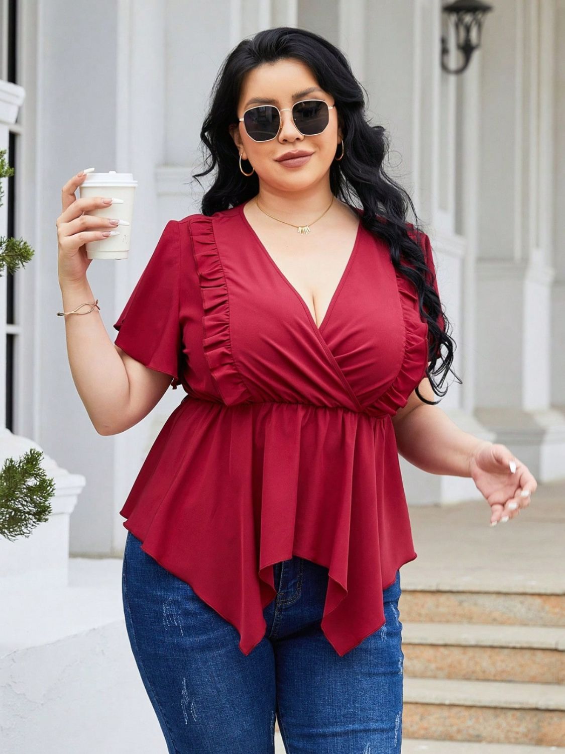 Plus Size Frill Surplice Flutter Sleeve Blouse - RebelReine Apparel & Co.