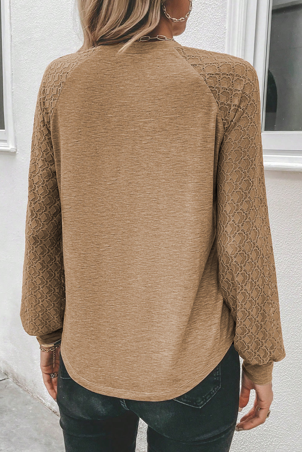 Light French Beige Contrast Lace Raglan Sleeve Plicate Round Neck Top - RebelReine Apparel & Co.